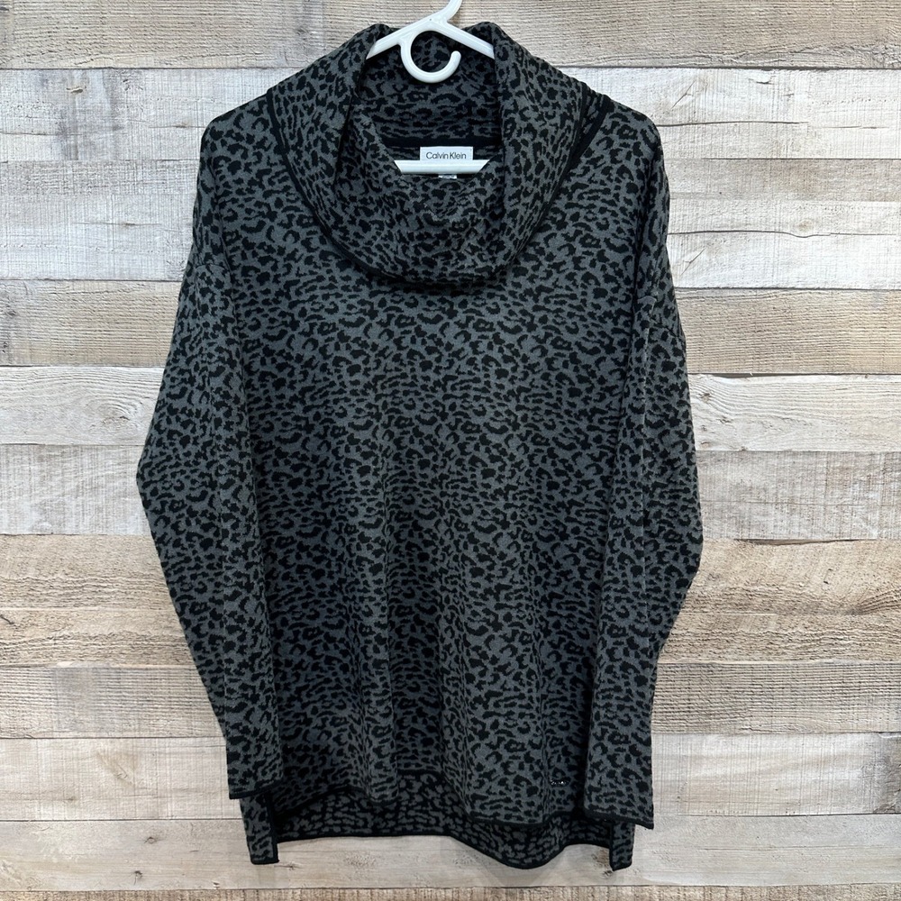 Calvin Klein Womens Leopard Print Cowl Neck‎ Sweater Sz Large Black Grey Acrylic